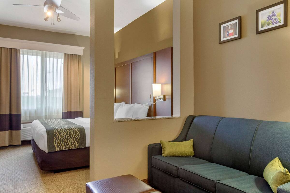 A hotel room with a bed, a sofa, a mirror, and two framed pictures on the wall.