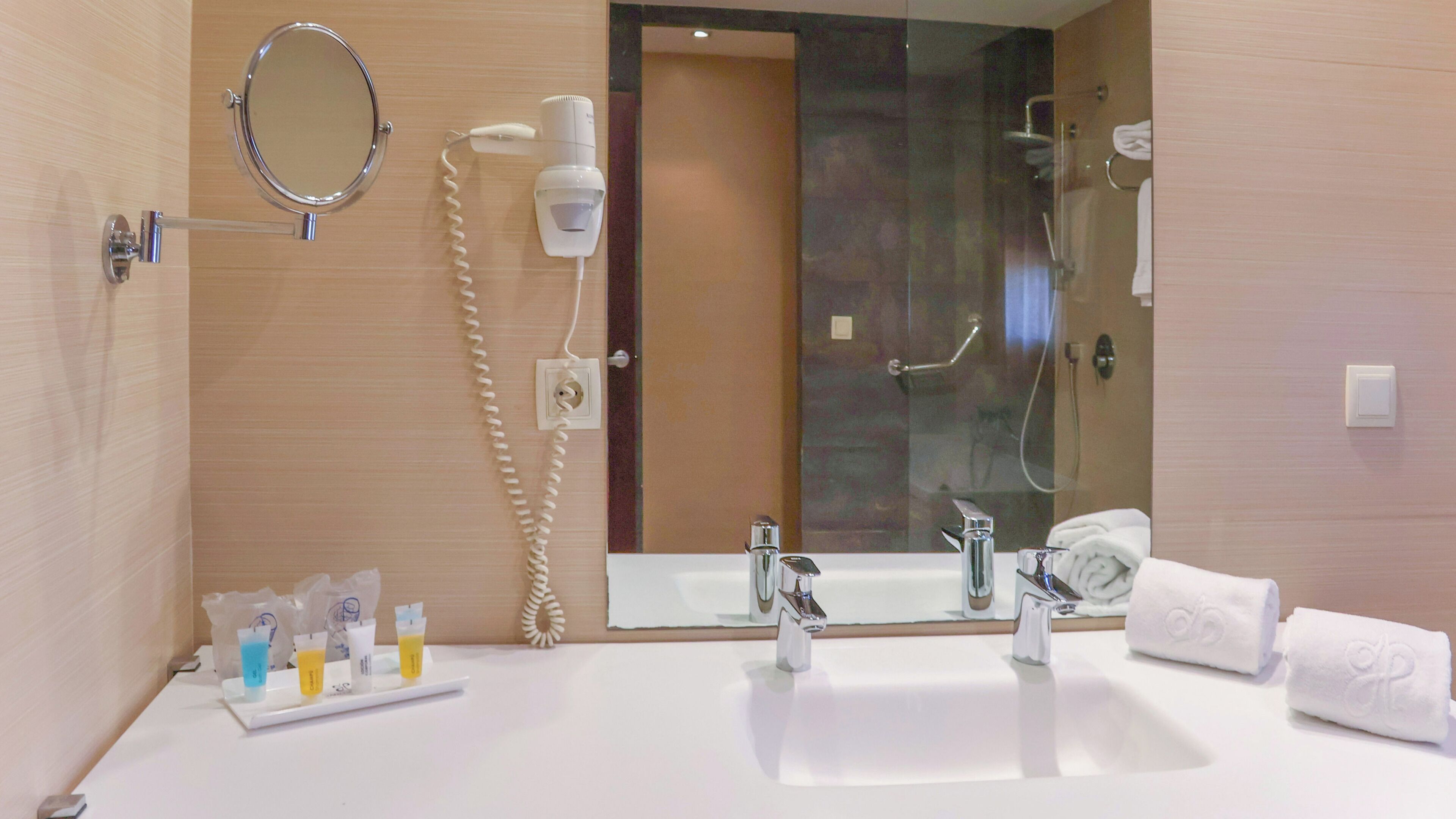 A modern bathroom with a large mirror, a sink, a handheld showerhead, and a towel rack.