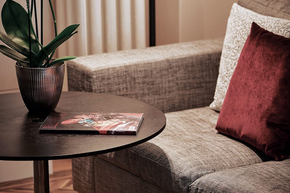 A living room with a sofa, a red cushion, a table with a magazine, and a potted orchid plant.