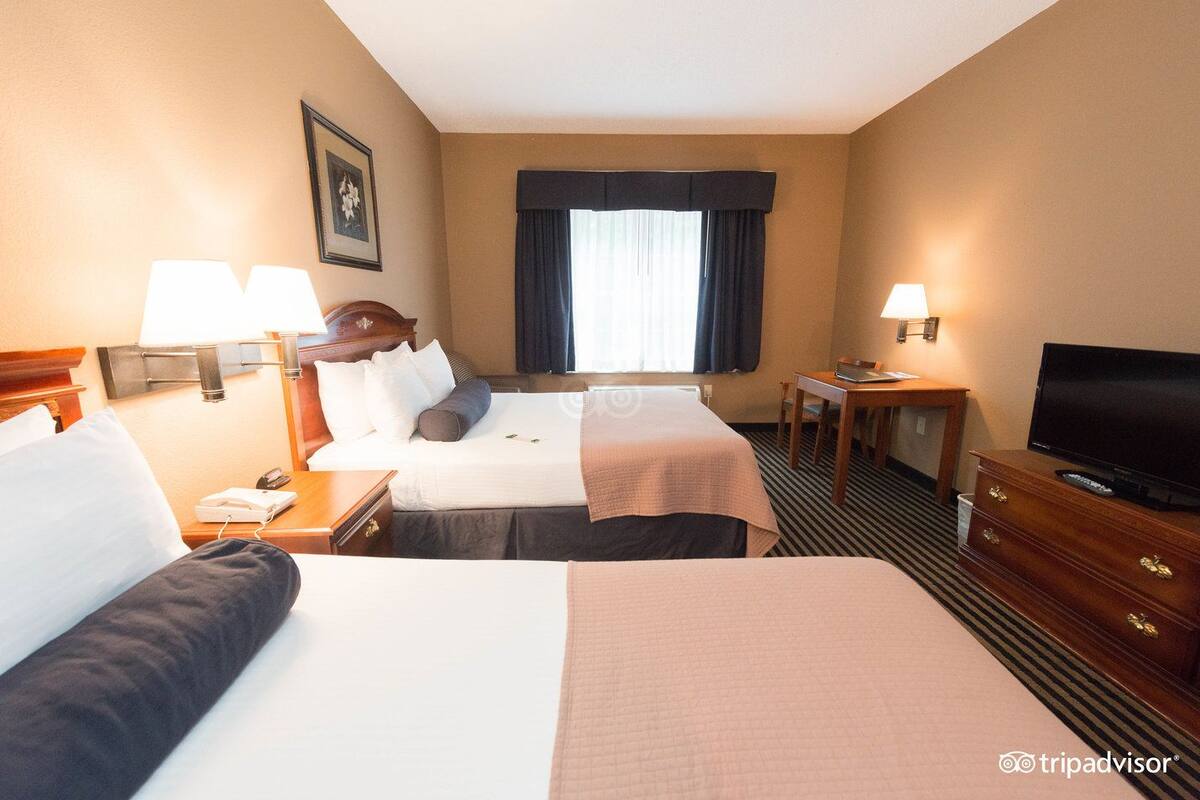 Ett hotellrum med två sängar, ett skrivbord, en tv och ett fönster med gardiner.