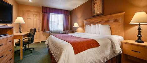 Down comforters, pillowtop beds, in-room safe, desk