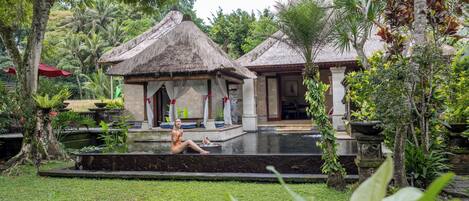 A tropical resort with thatched-roof structures, a swimming pool, and lush greenery.
