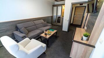 Business Apartment | Living area | 30-inch flat-screen TV with cable channels, TV