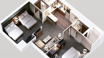En 3D-modell som visar planlösningen för ett hotellrum med två sängar, ett litet kök, ett badrum och en sittgrupp.