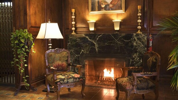 A cozy room with a fireplace, two upholstered chairs, a floor lamp, and a potted plant.