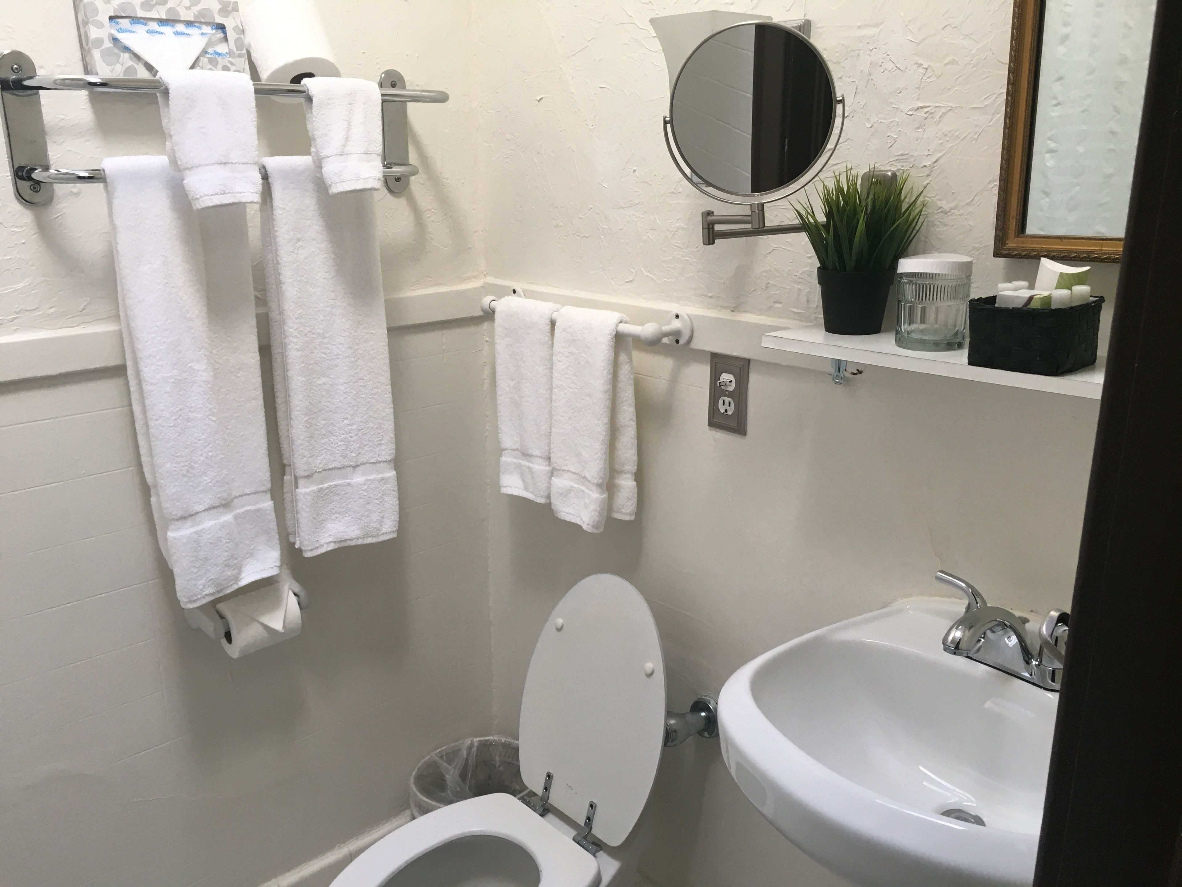 combined shower/bathtub, free toiletries, hair dryer, towels