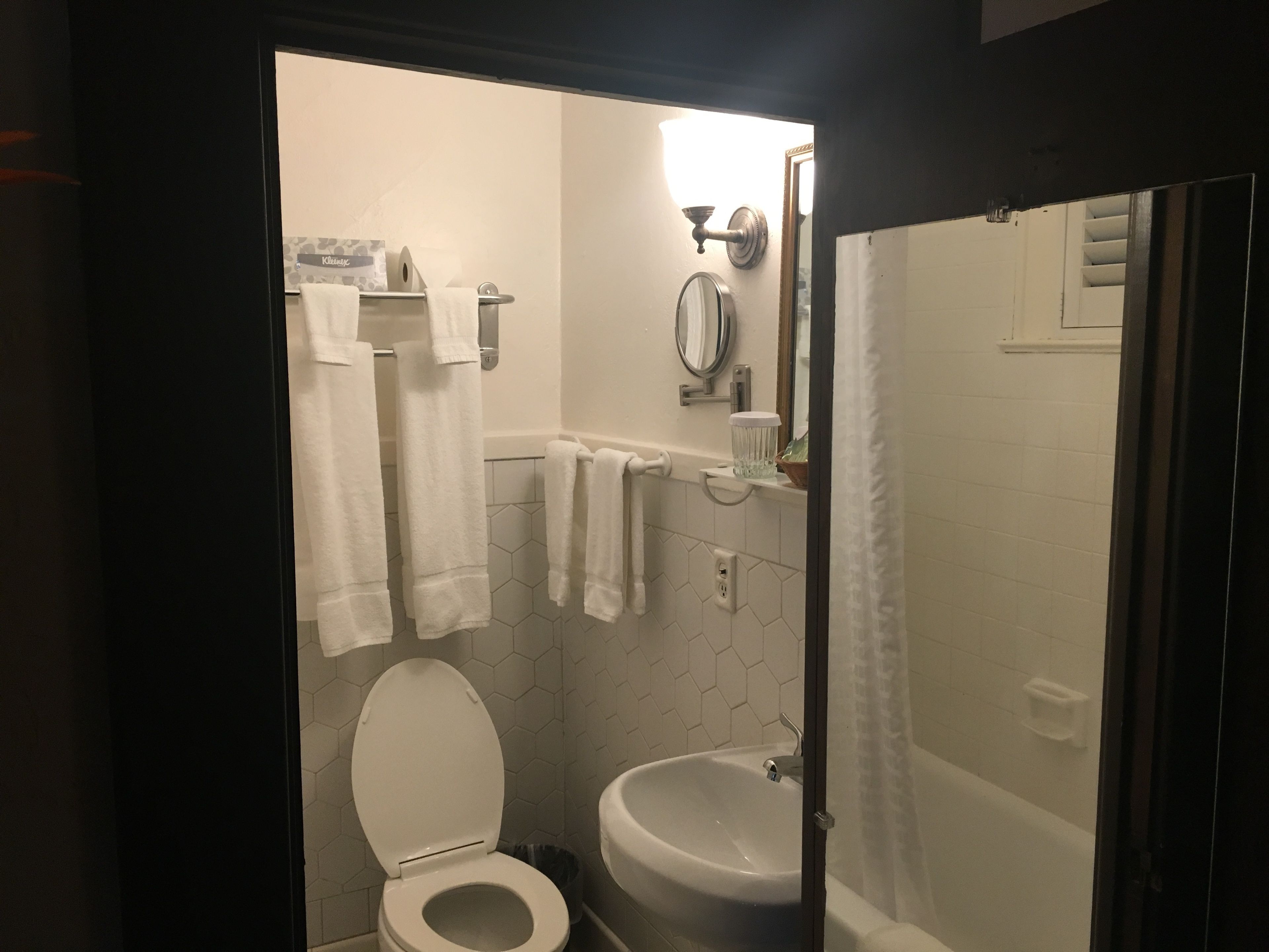 combined shower/bathtub, free toiletries, hair dryer, towels