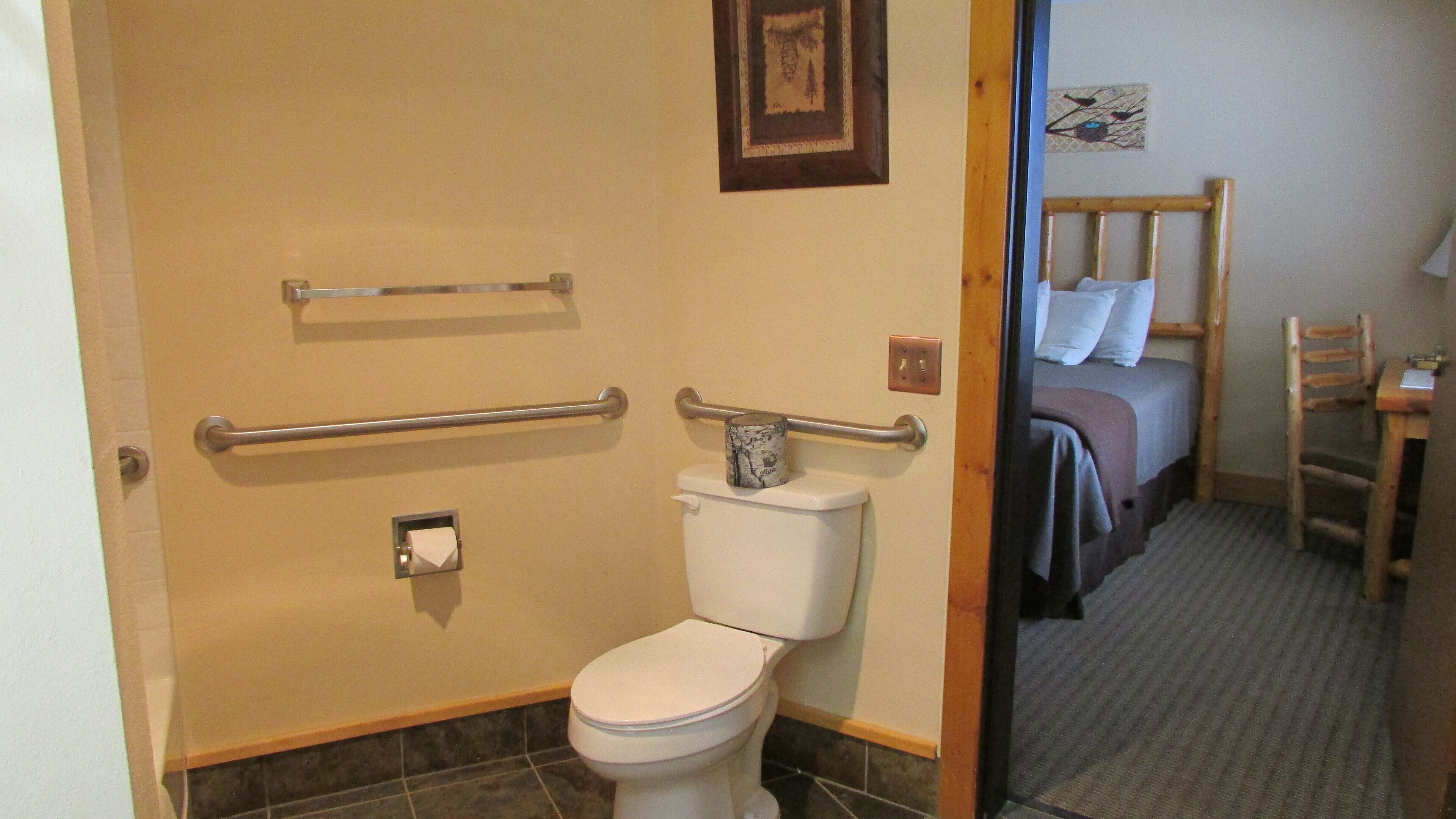A bathroom with a toilet, grab bars, and a roll of toilet paper.