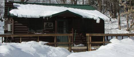 Una cabaña de troncos con techo verde y terraza de madera, rodeada de nieve.