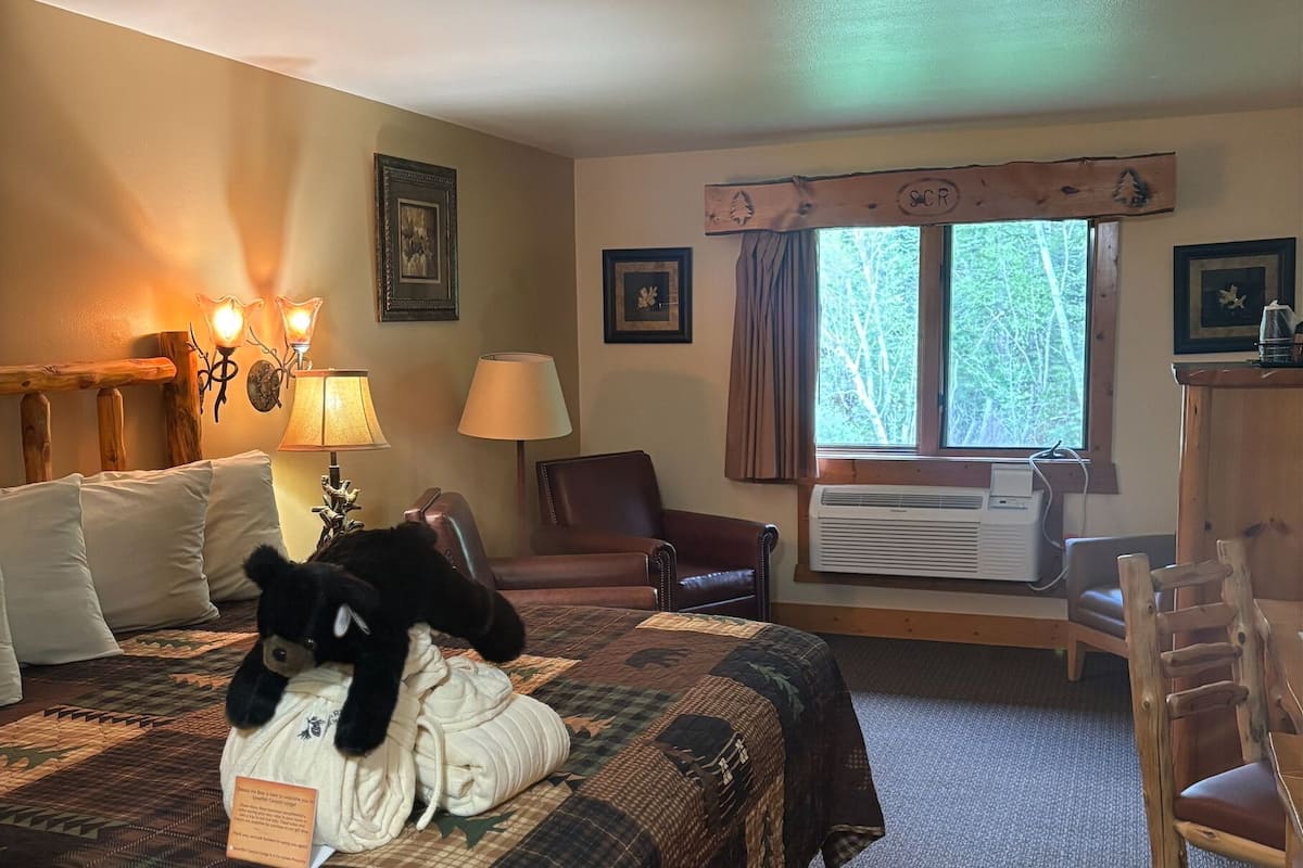 Habitación de hotel con una cama grande, dos sillones, una ventana con cortinas y un calefactor en la pared.