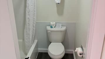 Une salle de bain équipée de toilettes, d’un rideau de douche, d’un porte-serviettes avec des serviettes et d’un support à papier toilette.