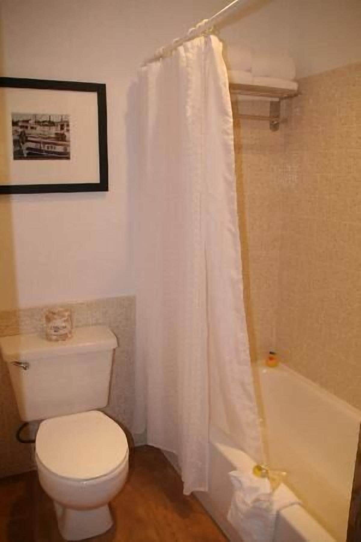 Un baño con inodoro, bañera y cortina de ducha.