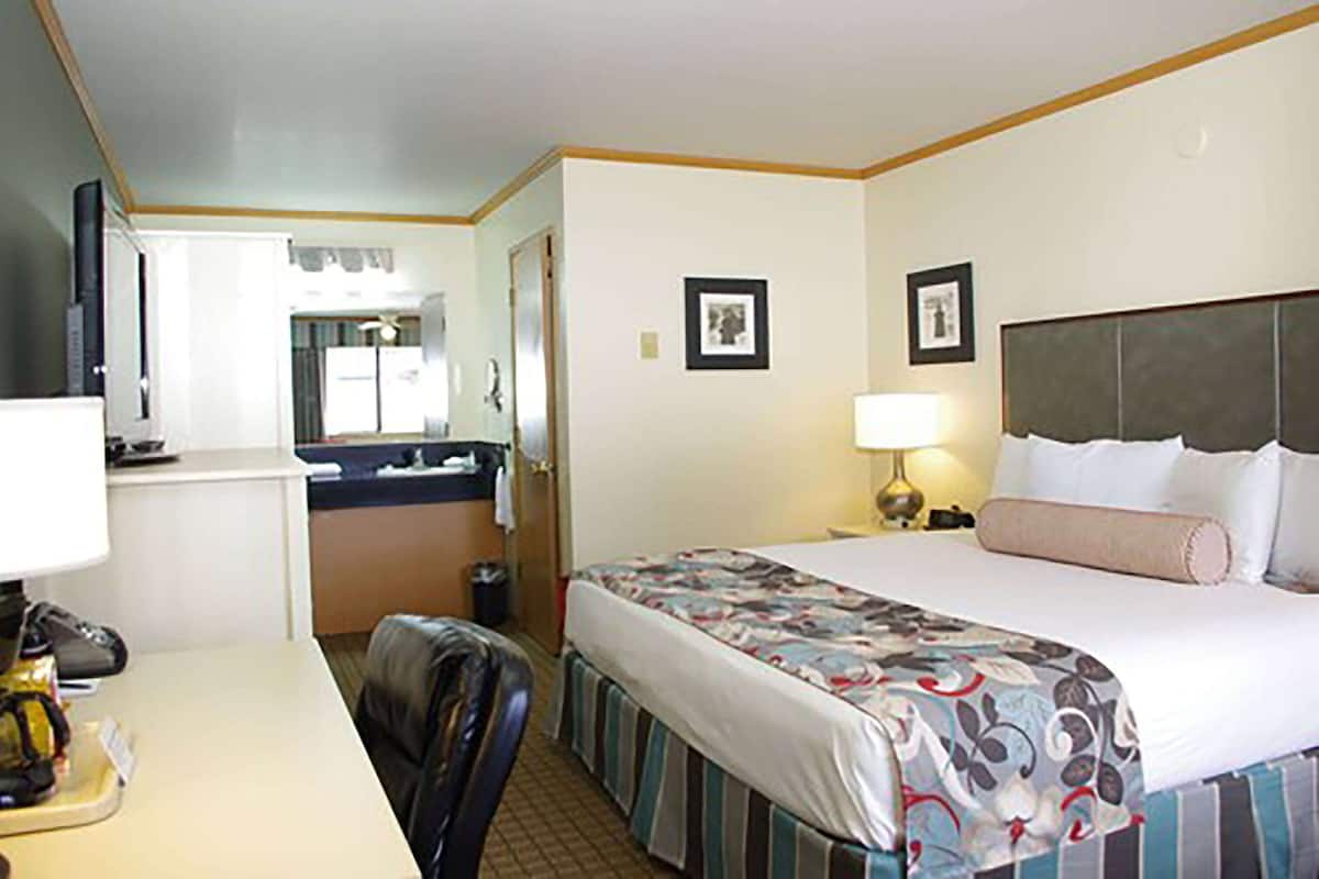 Ein Hotelzimmer mit Bett, Schreibtisch, Stuhl, Fernseher und Bad.