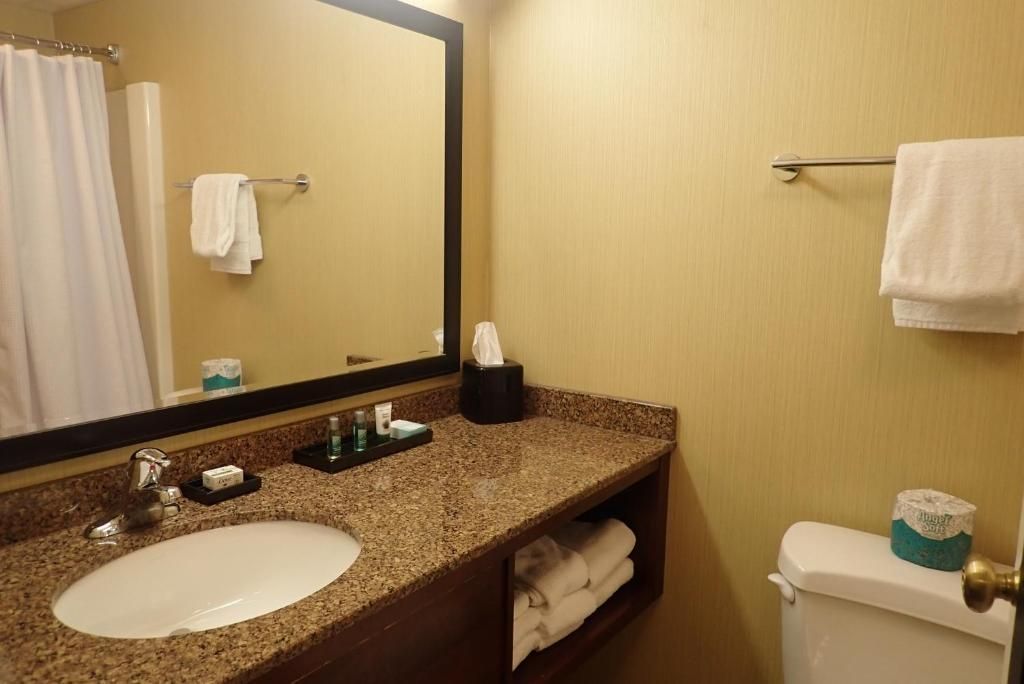 Une salle de bain équipée d’un lavabo, d’un miroir, d’un porte-serviettes et de toilettes.