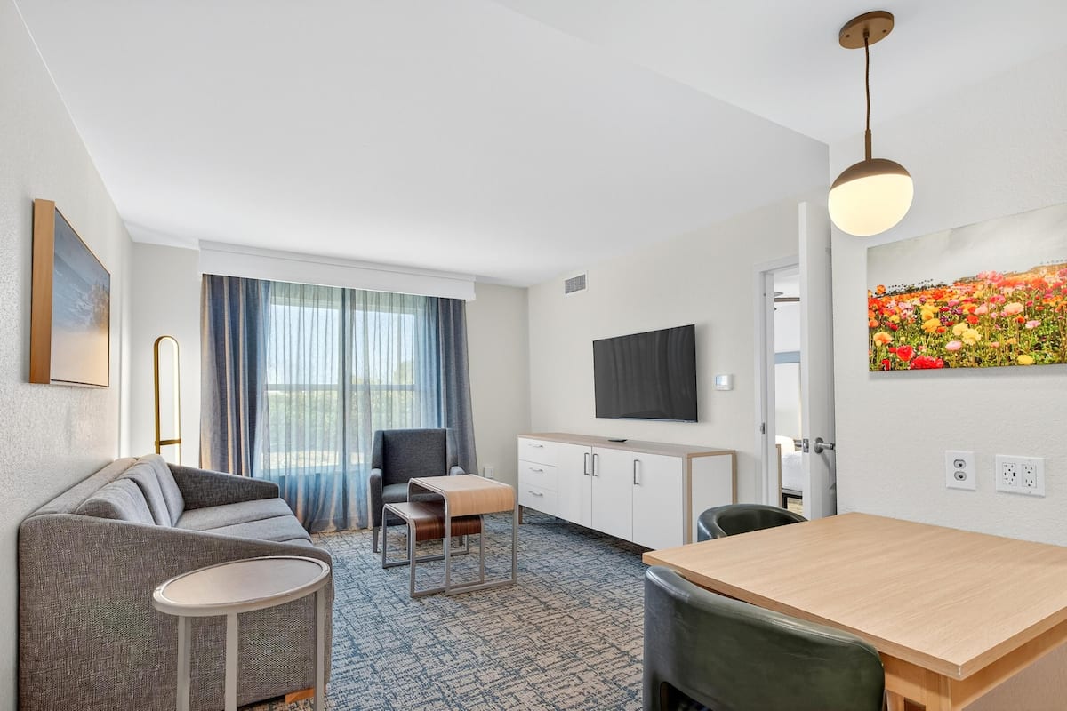 A modern hotel room with a sofa, a small table, a dining table, a TV, and a painting of flowers on the wall.