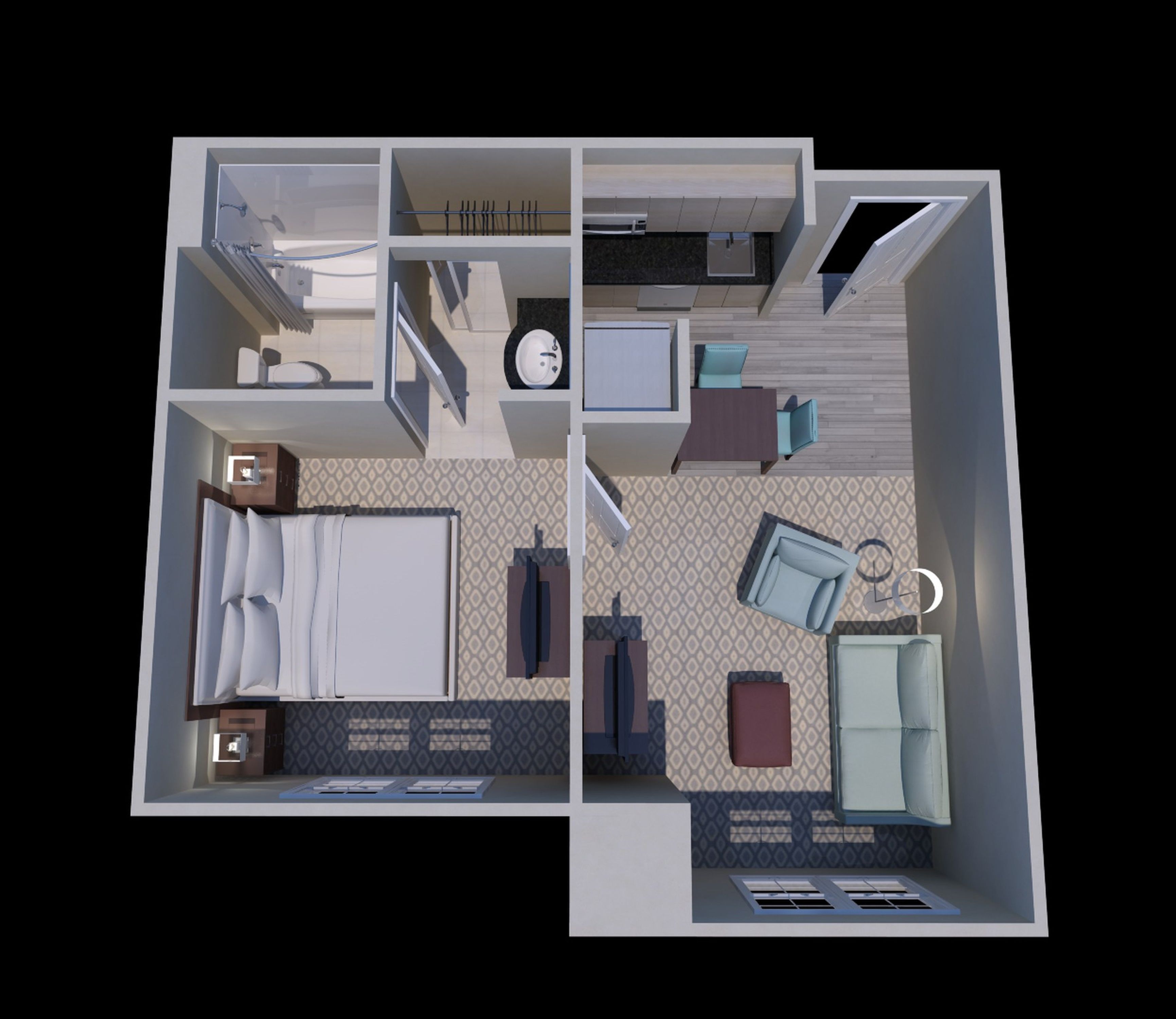 A 2-bedroom apartment layout with a bathroom, kitchenette, and a small dining area.
