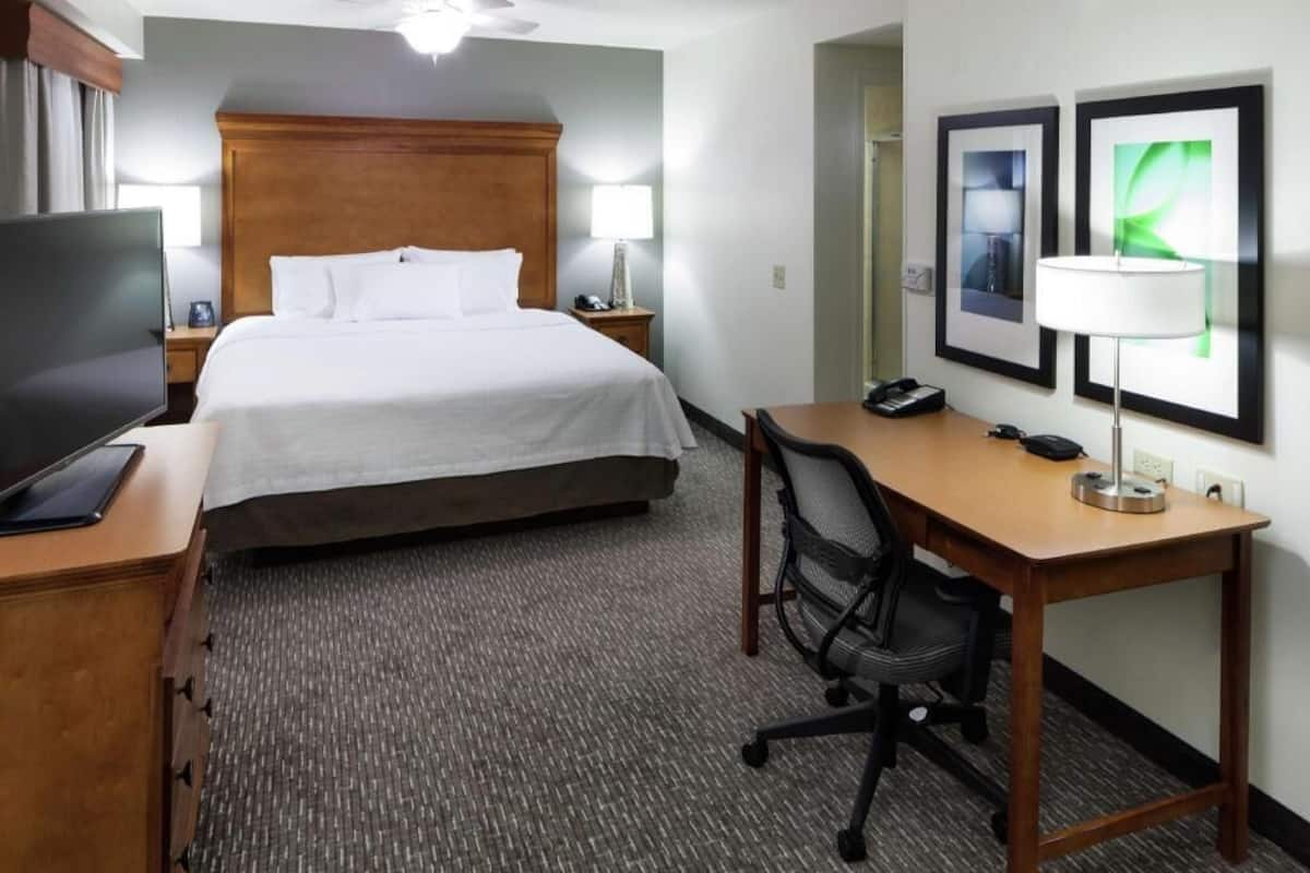 A hotel room with a bed, desk, chair, TV, lamps, and framed pictures on the wall.