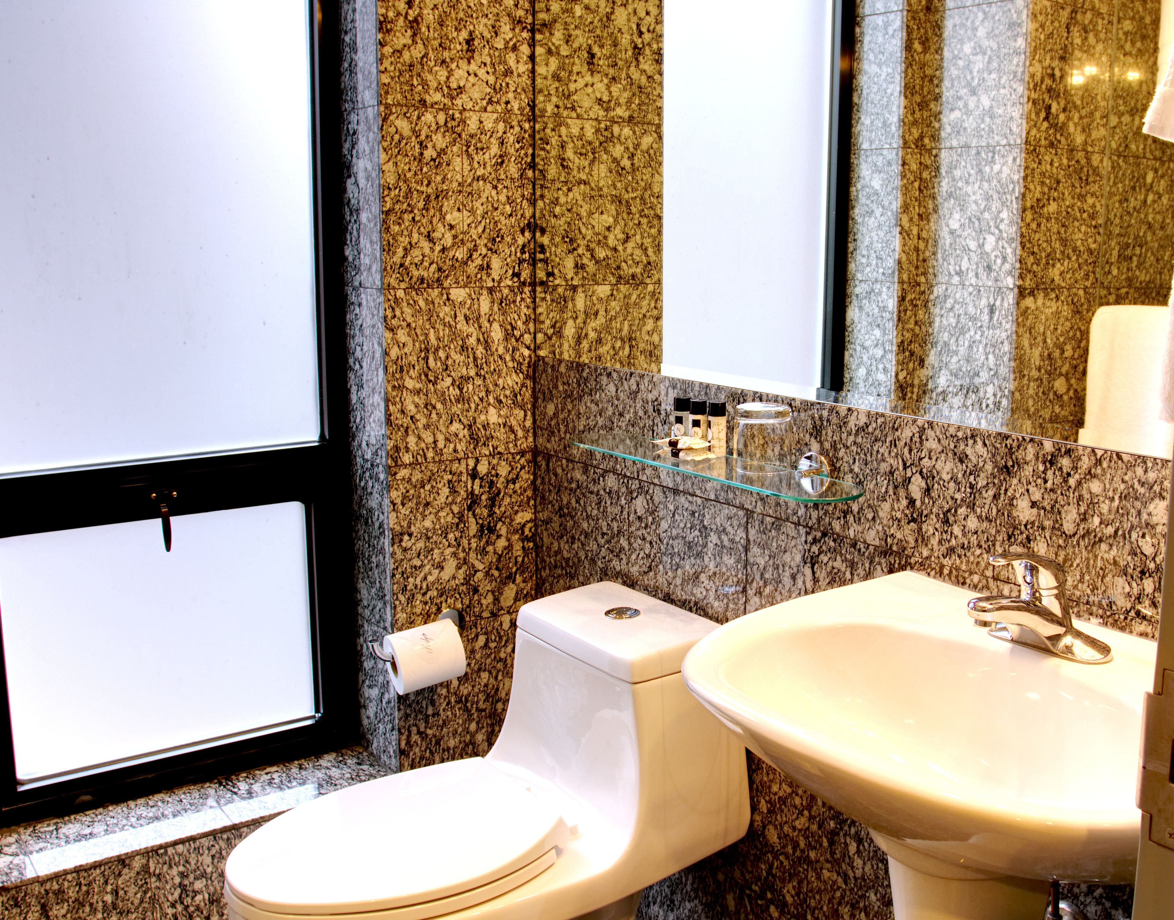 designer toiletries, hair dryer, towels