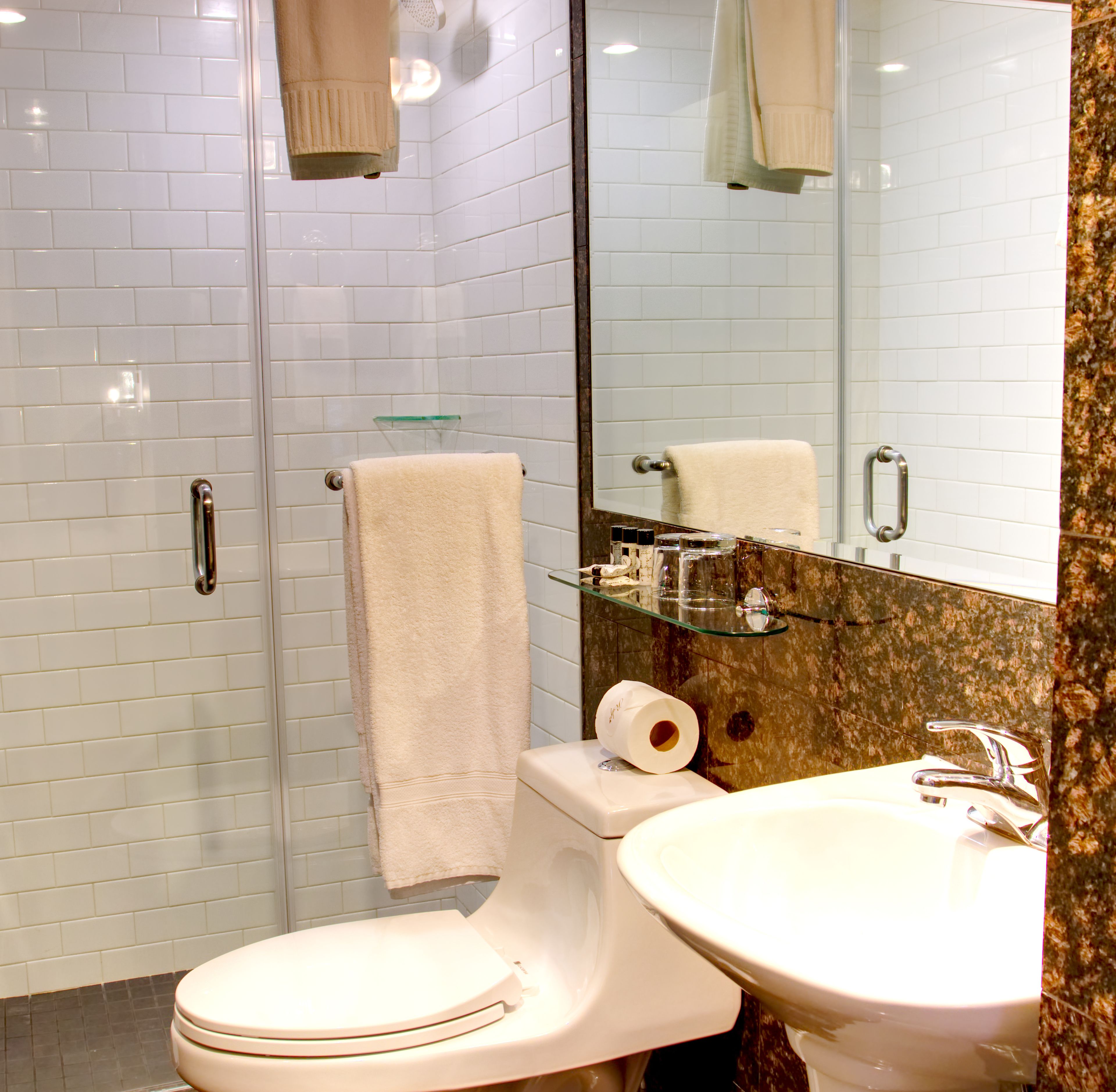 designer toiletries, hair dryer, towels