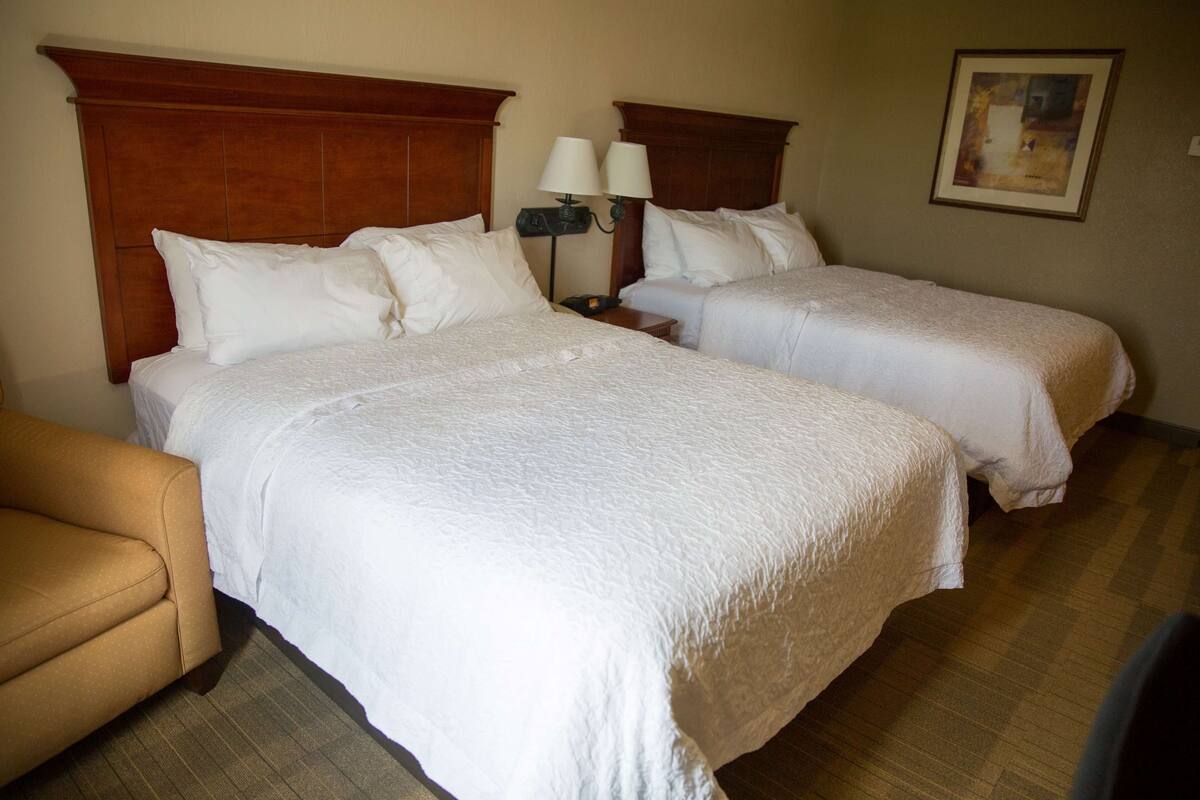 A hotel room with two beds, a nightstand with a lamp, a chair, and a painting on the wall.