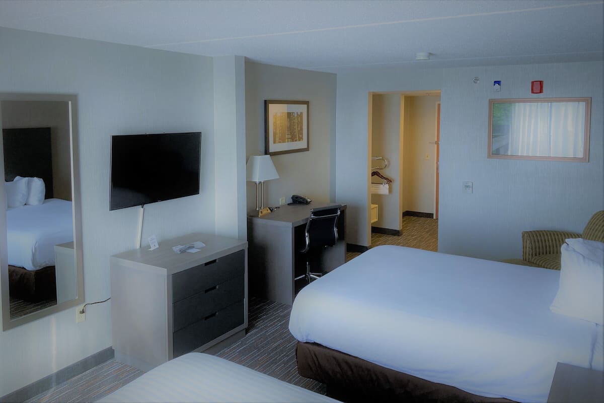 Una habitación de hotel con cama, escritorio, silla, televisor y espejo.