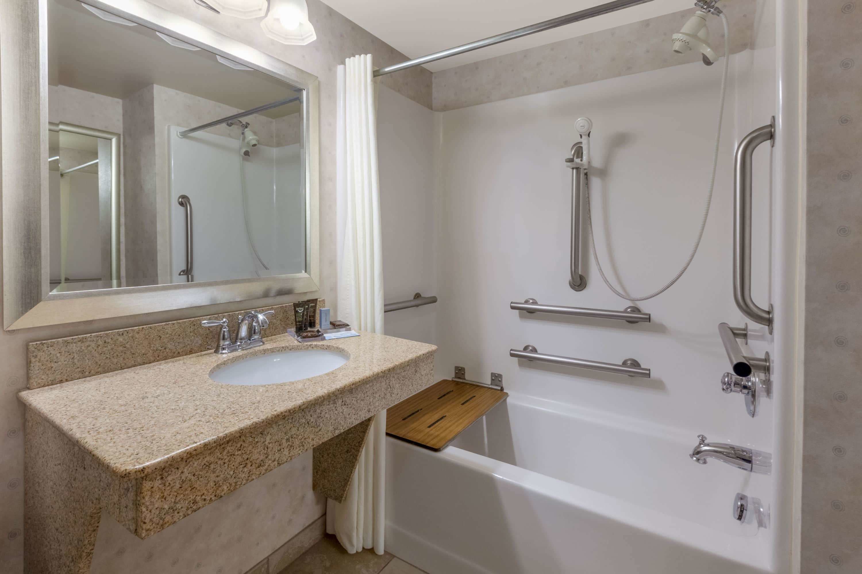 combined shower/bathtub, free toiletries, hair dryer, towels