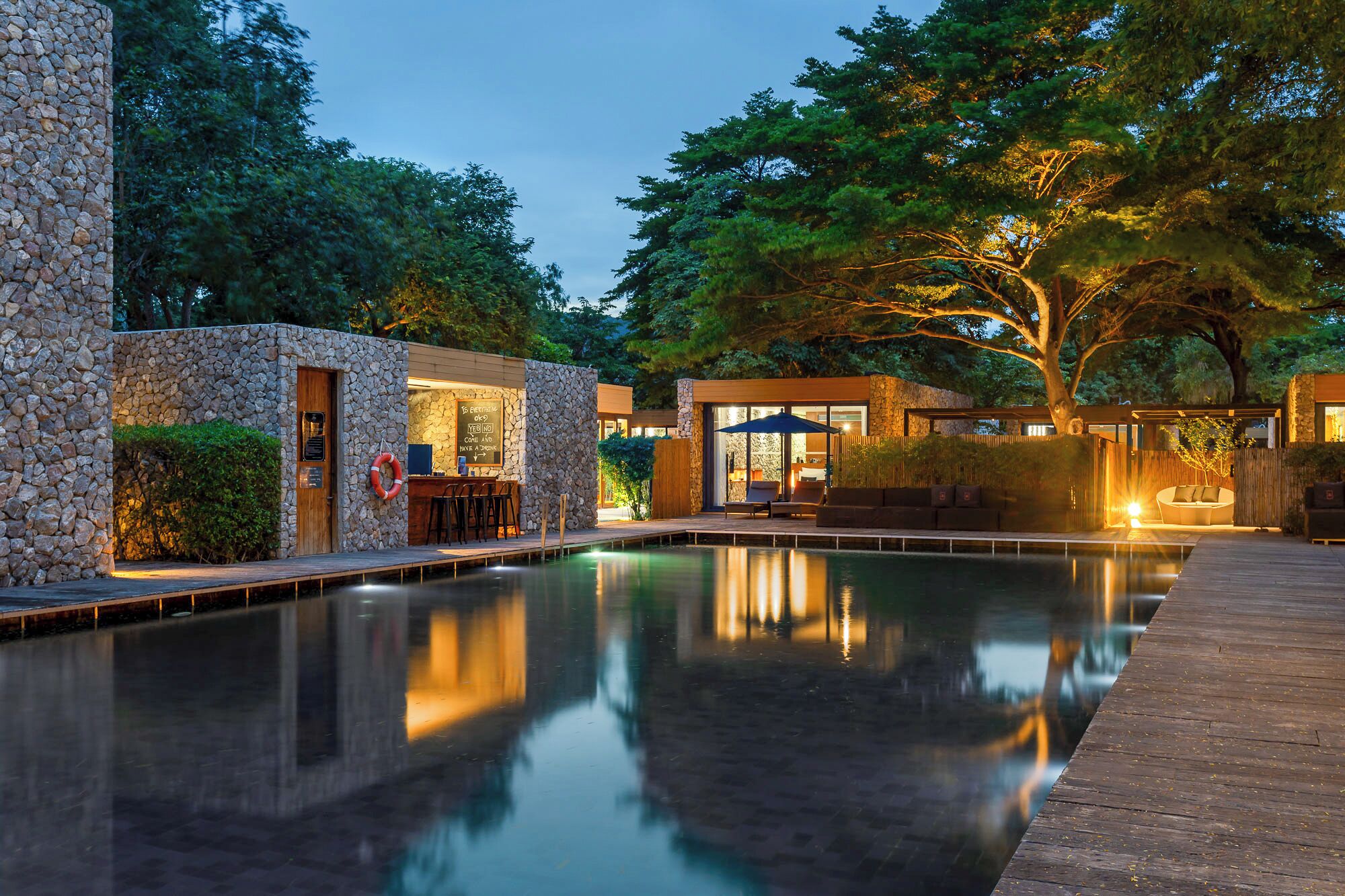 outdoor pool, pool loungers