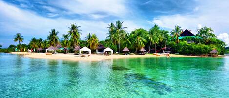 Private beach, sun-loungers, beach towels, beach massages