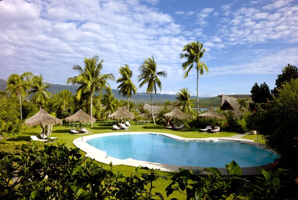 Outdoor pool, pool umbrellas, pool loungers