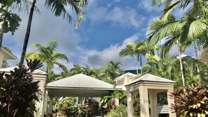 A covered outdoor area with palm trees and a paved walkway. - The Villas Palm Cove (Palm Cove)