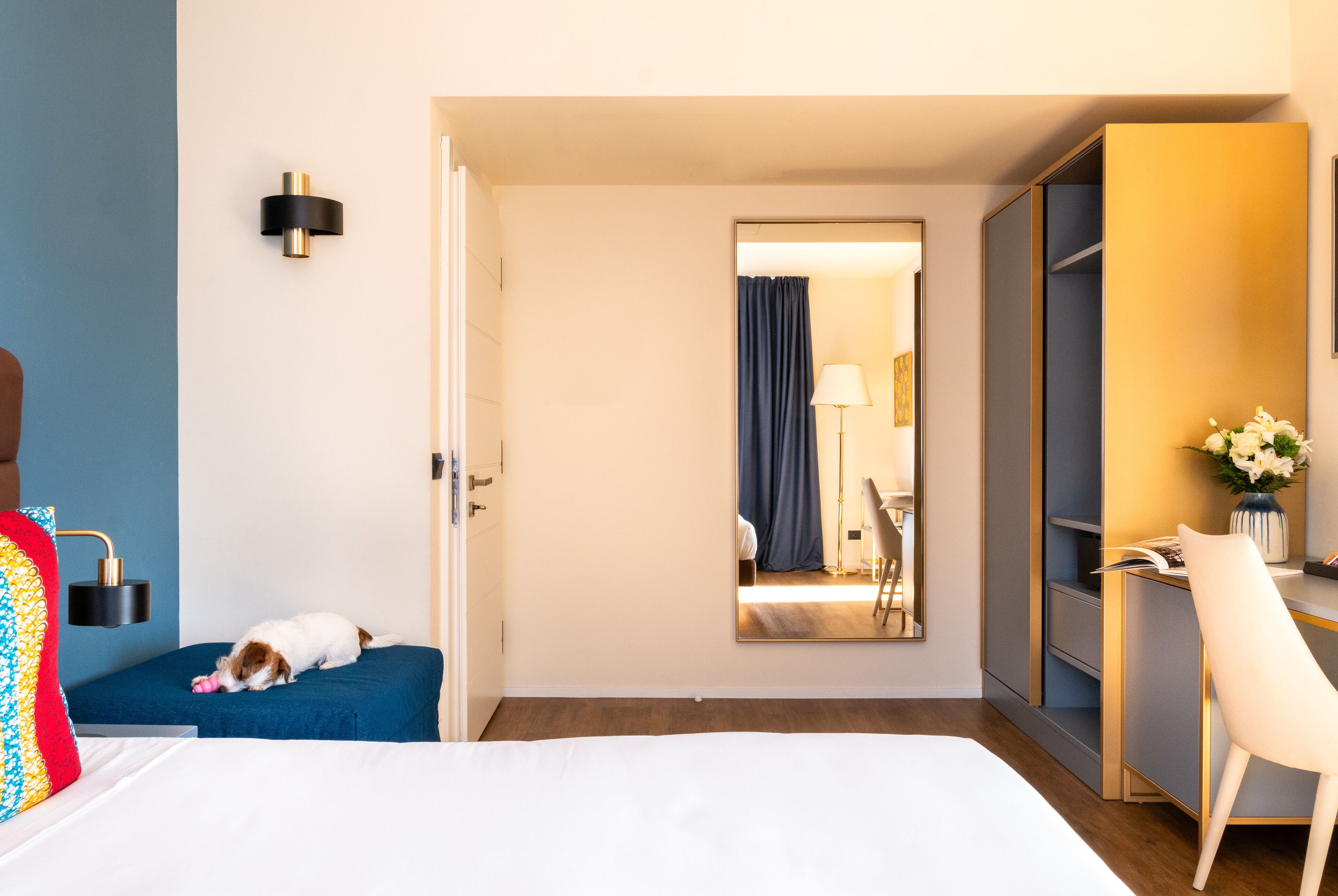 A hotel room with a bed, a desk with a chair, a wardrobe, and a dog sleeping on the bed.