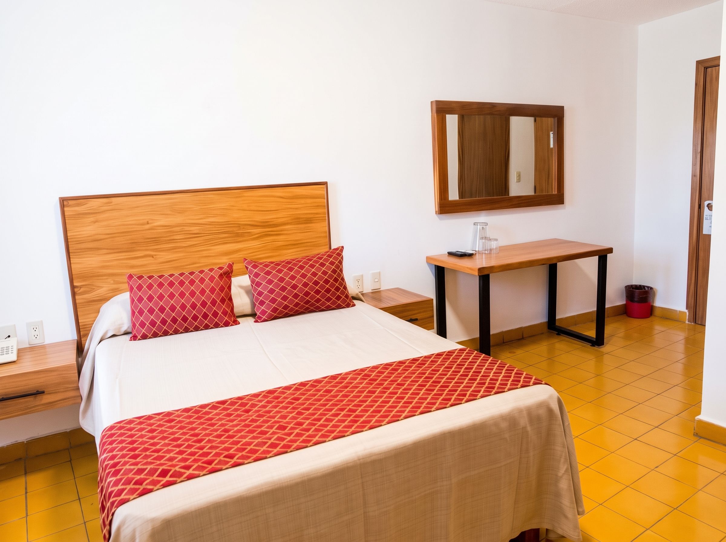 Una habitación de hotel con cama, mesita de noche, mesa, espejo y cubo de basura.