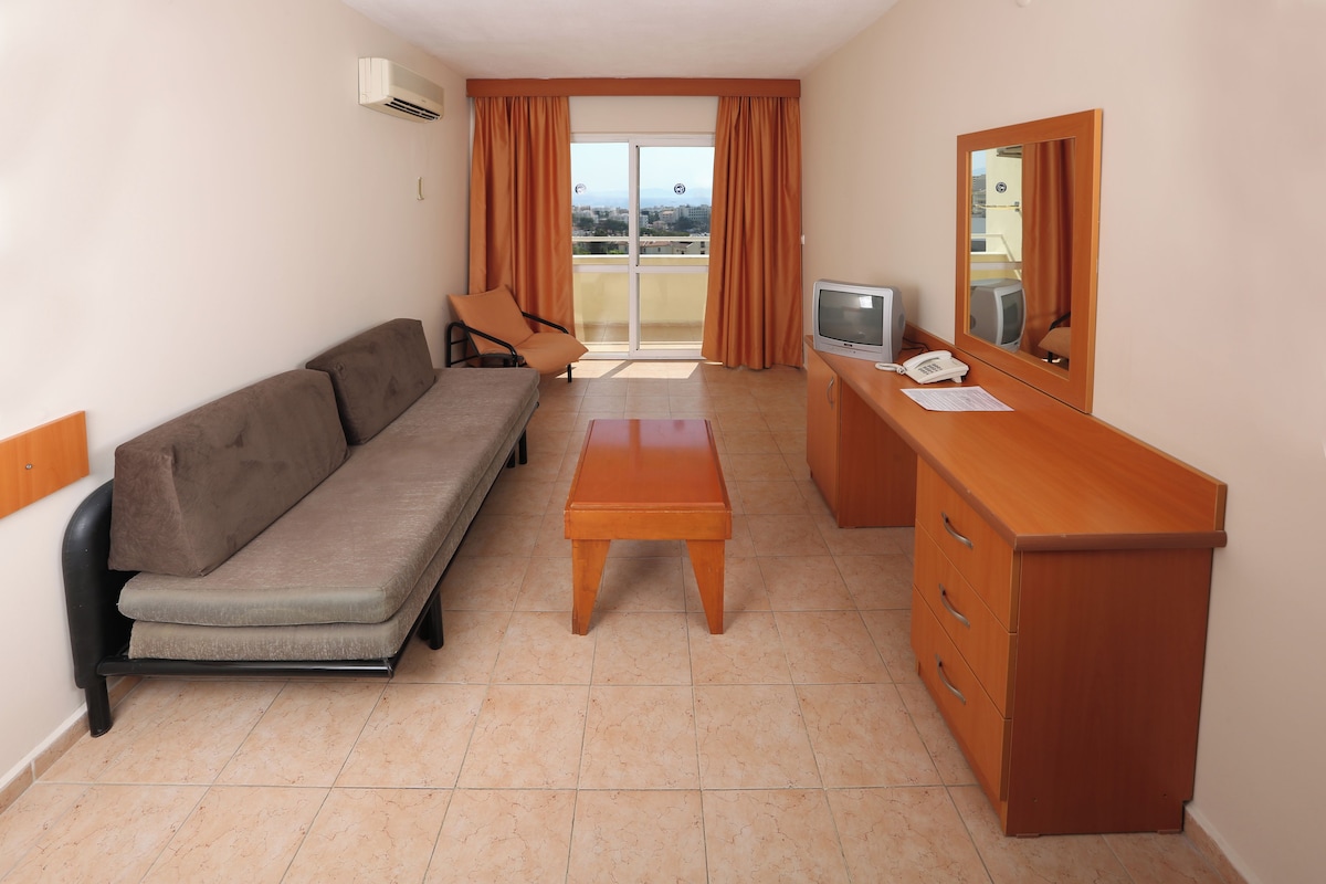 Een compacte kamer met een bank, een klein tafeltje, een televisie, een spiegel en een schuifdeur naar een balkon.