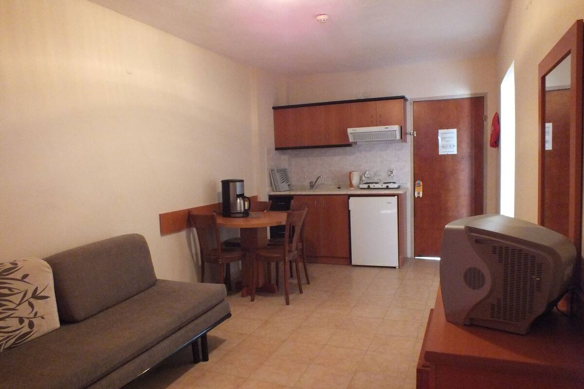Een gezellig en compact verblijf met een bank, een kleine eettafel, een kitchenette en een televisie.