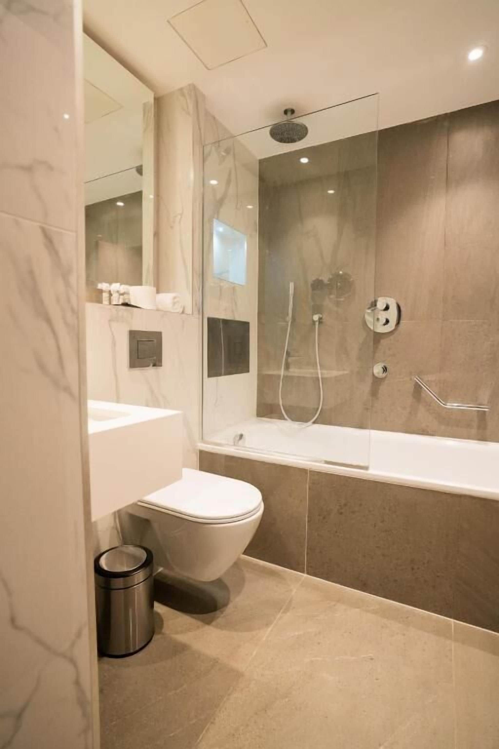 hair dryer, towels, soap, shampoo