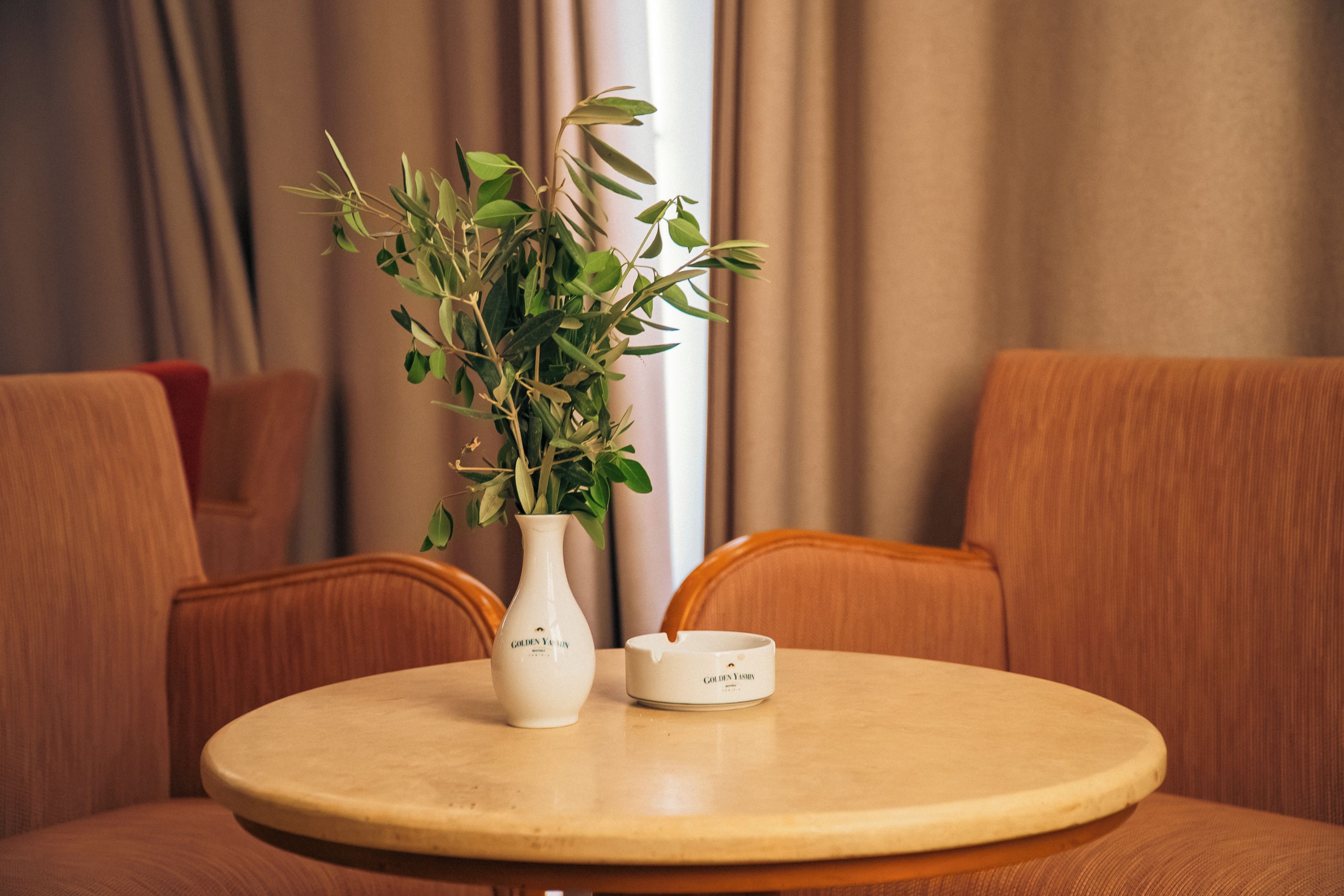 A round table with a white vase and a small white container, a potted plant, and two wooden chairs.
