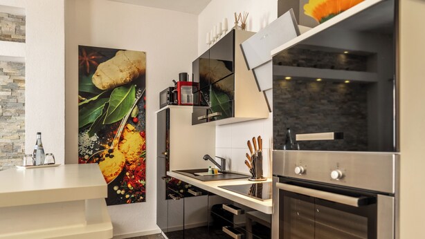 A modern kitchen with a built-in oven, a sink, and a countertop. There is a painting of spices on the wall. - Hotel Ochsen (Bad Saulgau)