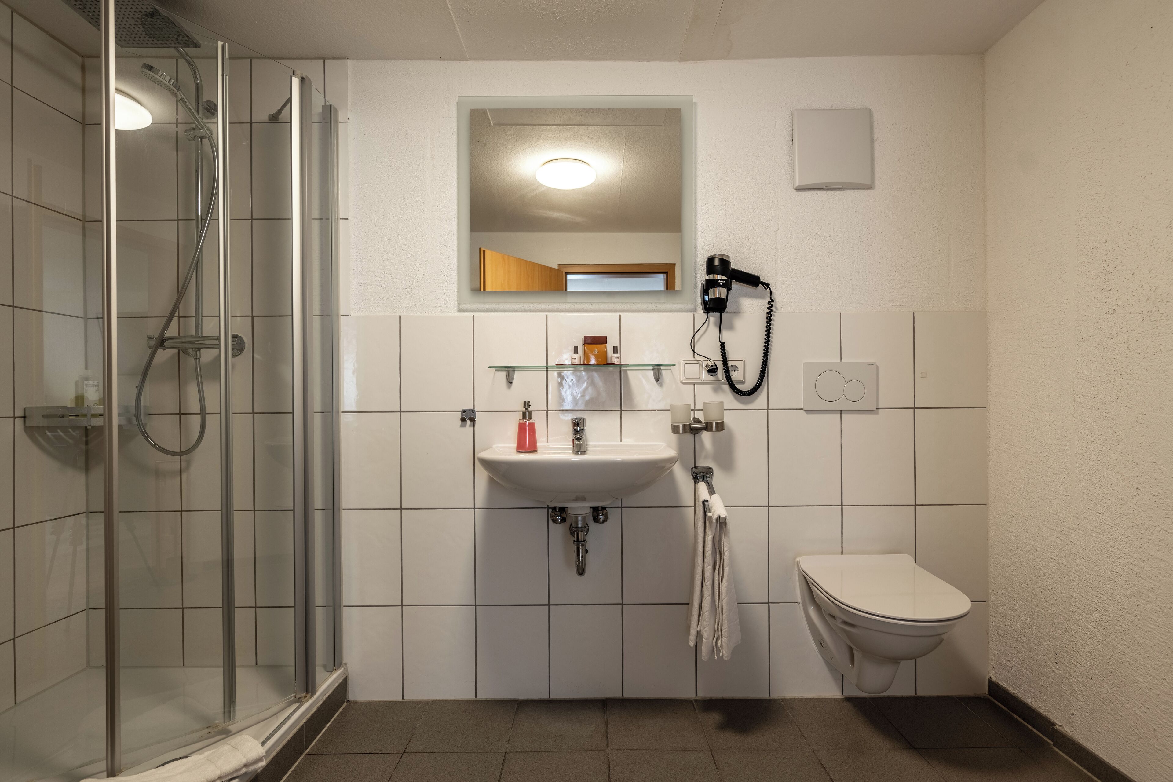 A bathroom with a glass-enclosed shower, a sink with a mirror above it, and a toilet.