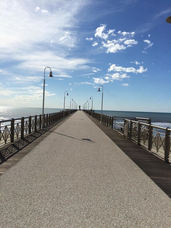 A long, straight pier with metal railings and street lamps, leading to the ocean.