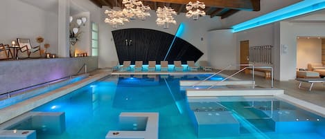 Indoor pool, outdoor pool, pool umbrellas, sun loungers