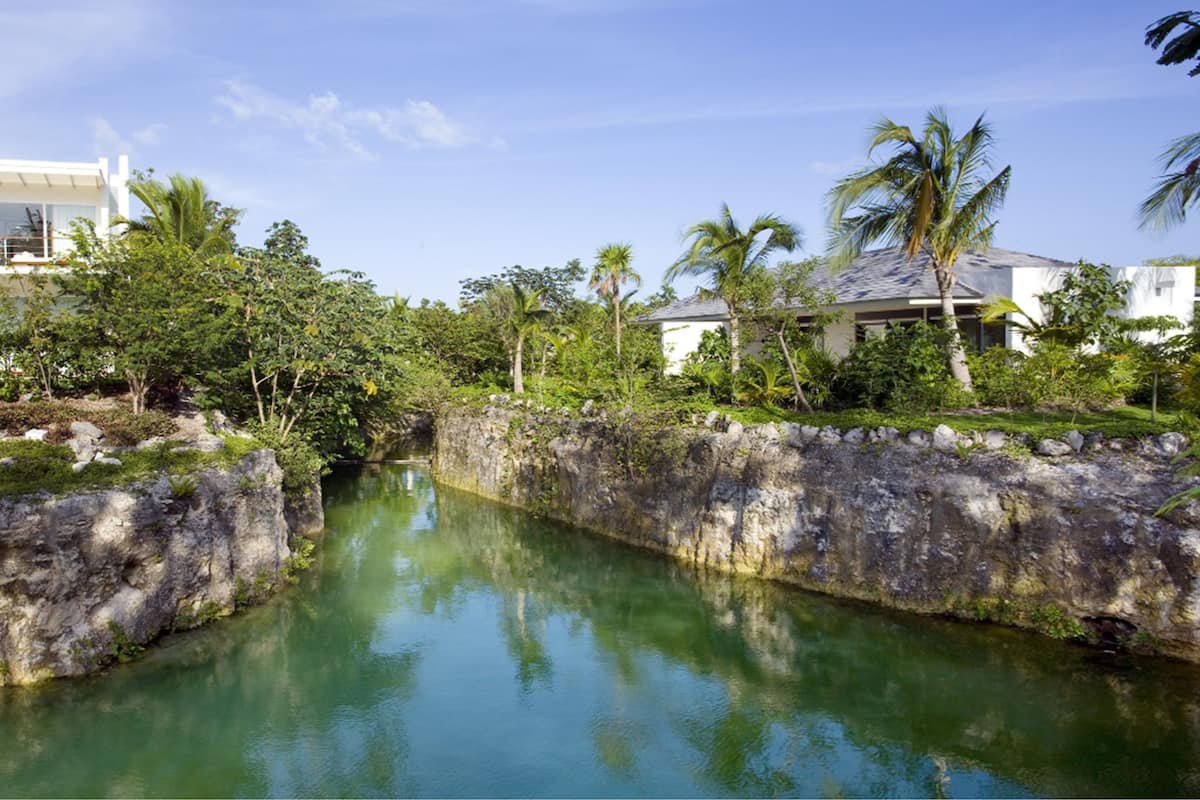 Une vue paisible sur la rivière, avec un mur de pierre, une végétation luxuriante et un bâtiment moderne doté de grandes fenêtres.