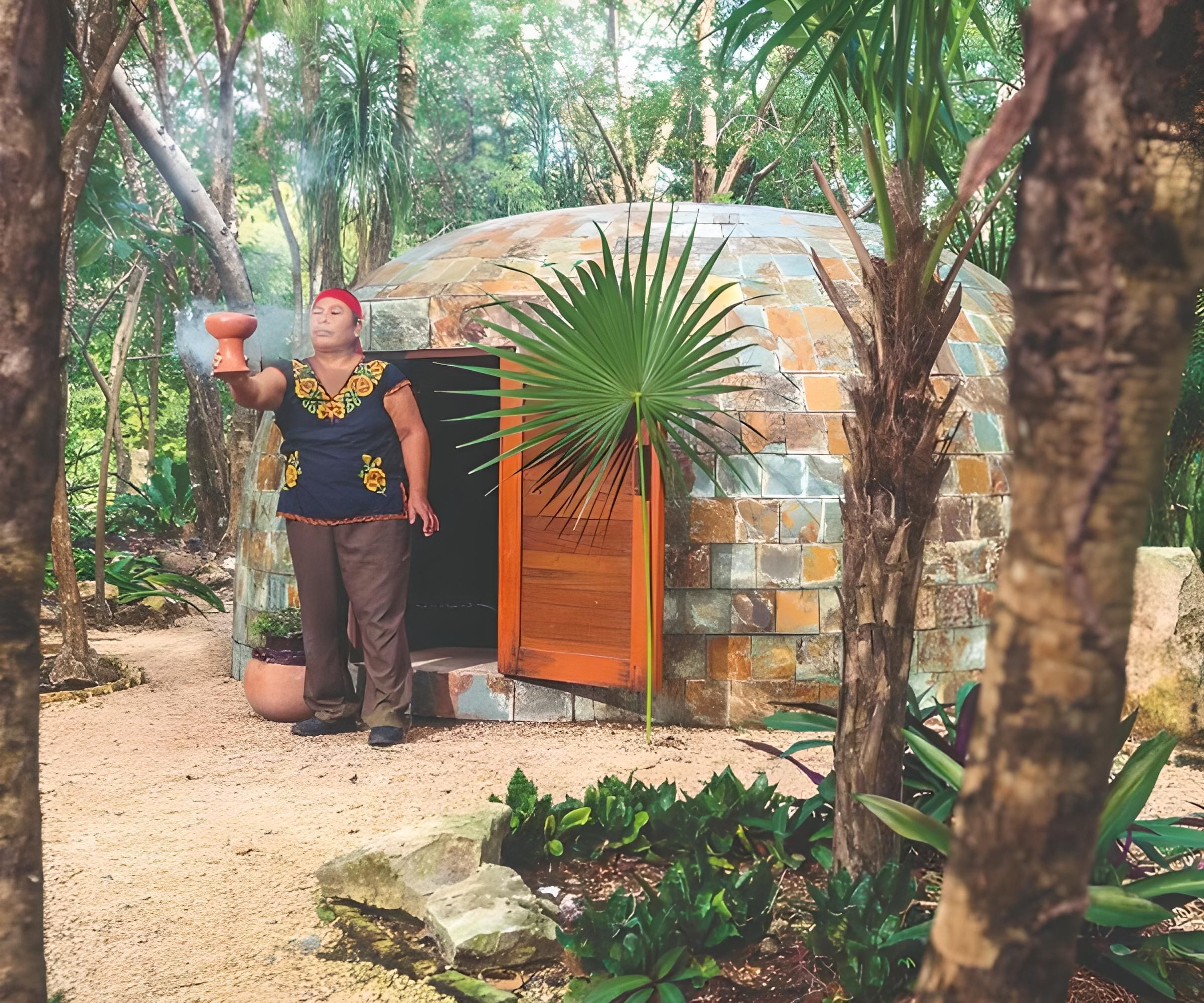 Estructura de piedra rústica con puerta de madera, rodeada de vegetación exuberante y una palmera.
