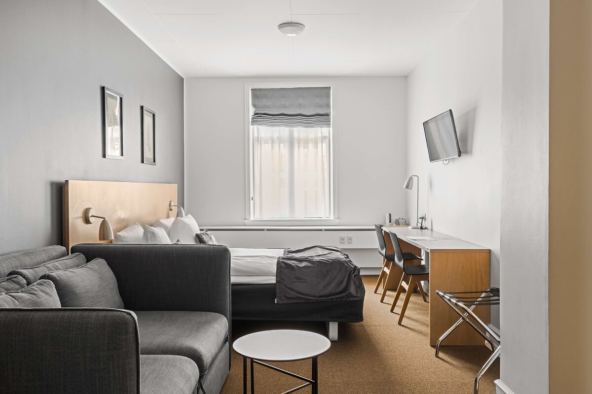 A modern hotel room with a bed, a sofa, a desk, and a TV.