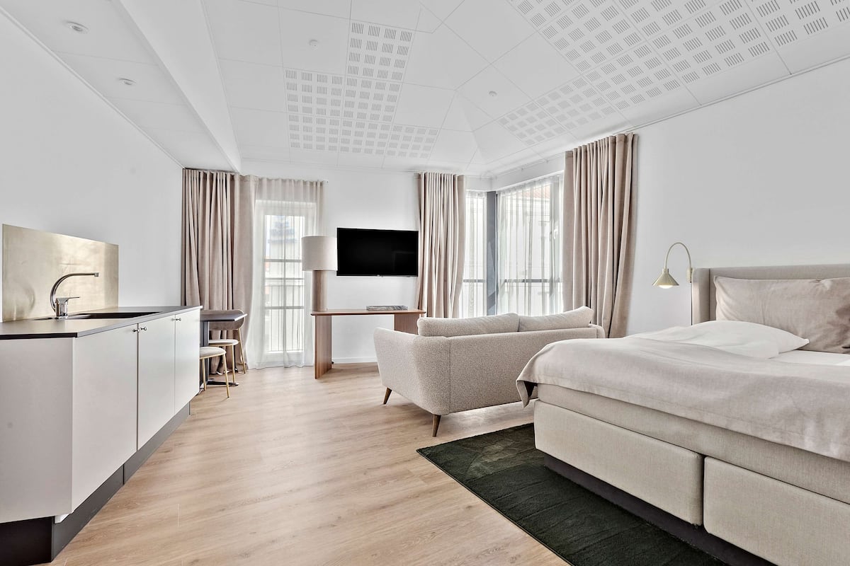 executive suite, 1 king bed, non smoking, kitchenette | 1 bedroom, hypo-allergenic bedding, desk, iron/ironing board