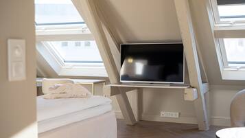 A bedroom with a skylight, a bed, a TV on a stand, and a chair.