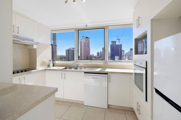 A modern kitchen with white cabinets, a dishwasher, and a large window offering a view of the city skyline.