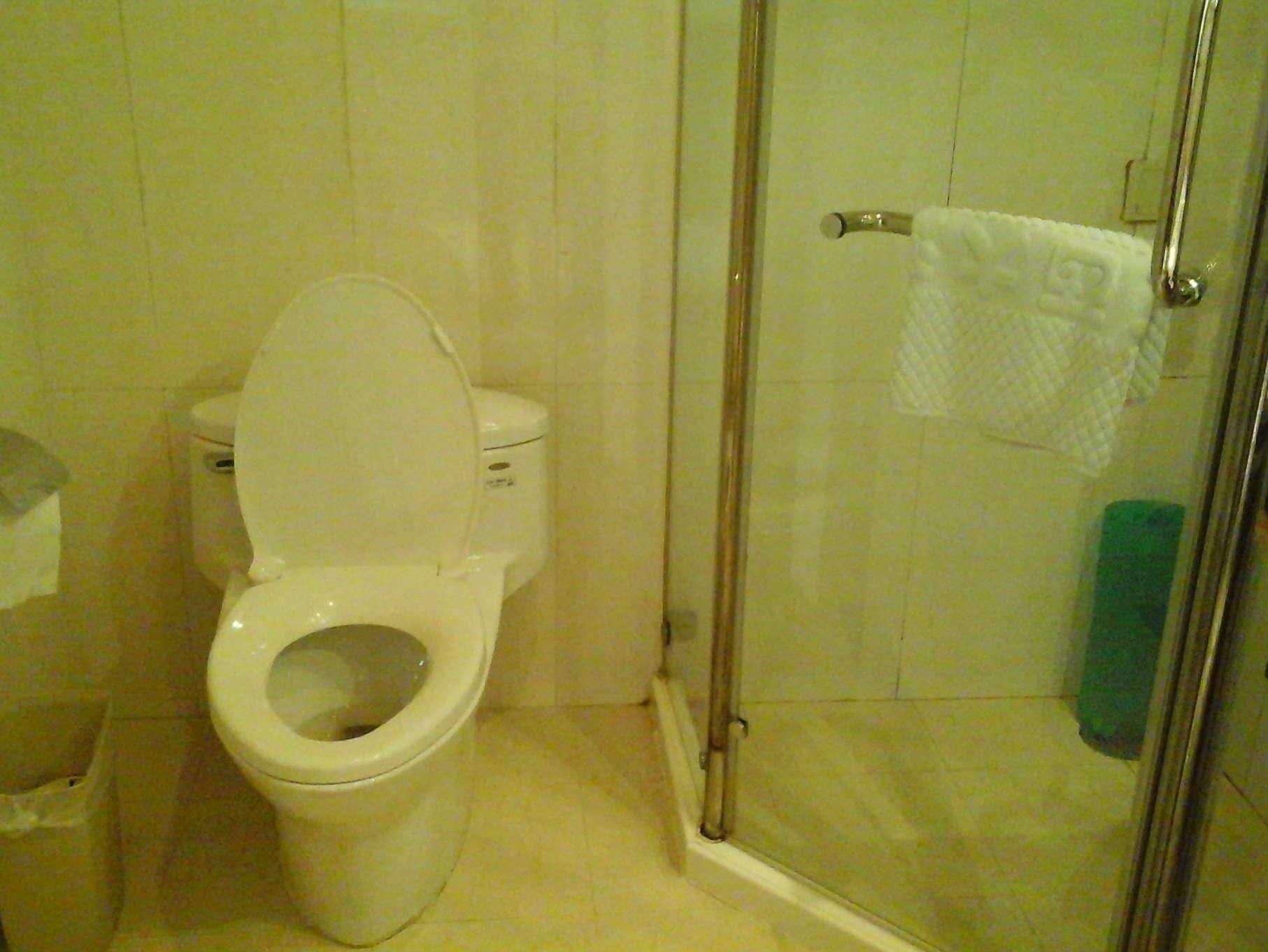 A bathroom with a toilet, a glass shower enclosure, and a towel rack.