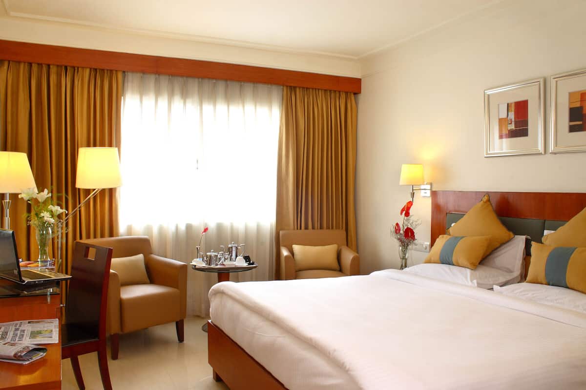 Habitación de hotel con cama, dos sillas, un escritorio con una computadora portátil, una mesita con lámpara y una ventana con cortinas.