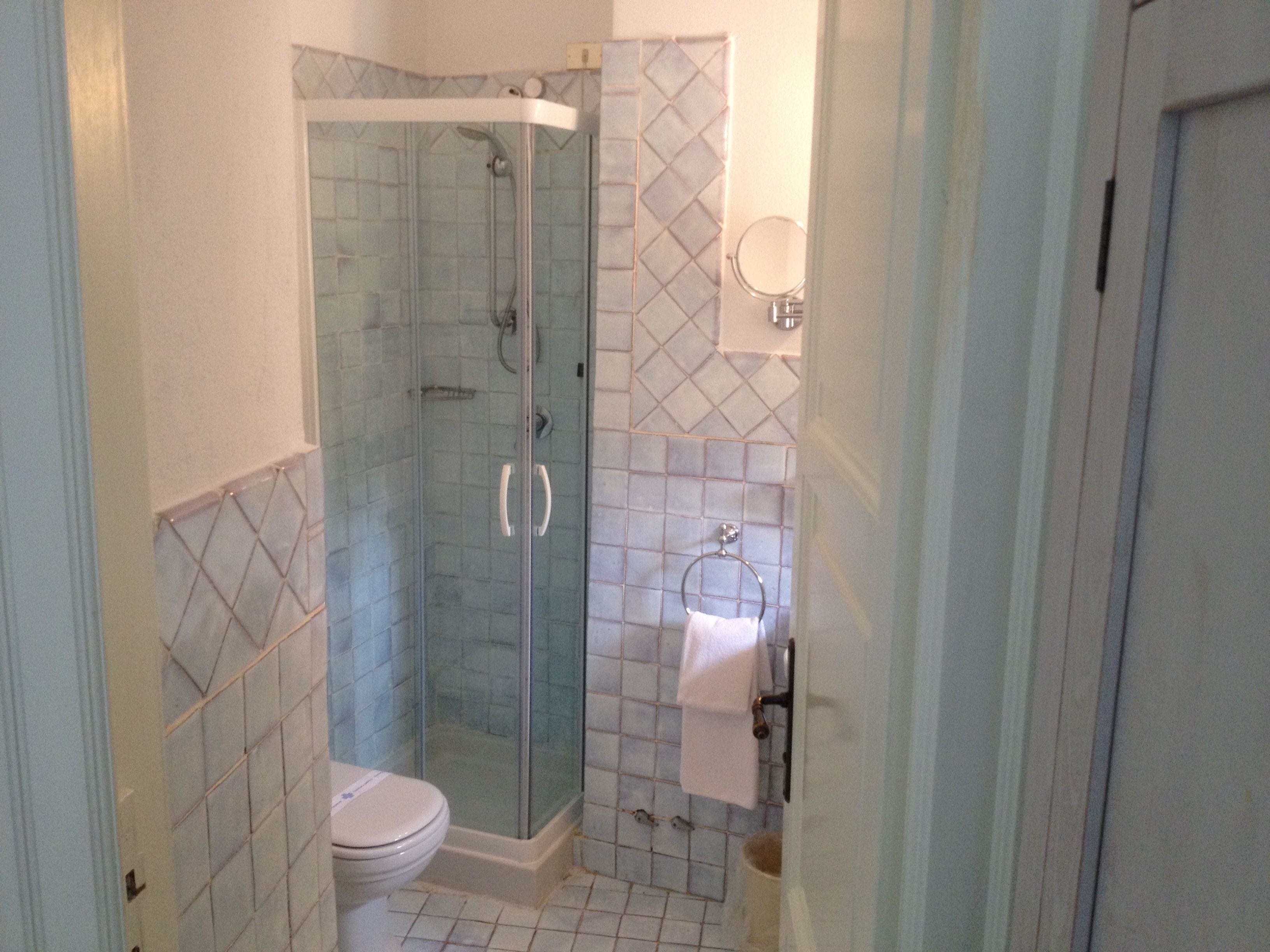 A bathroom with a glass-enclosed shower, a toilet, and a sink.