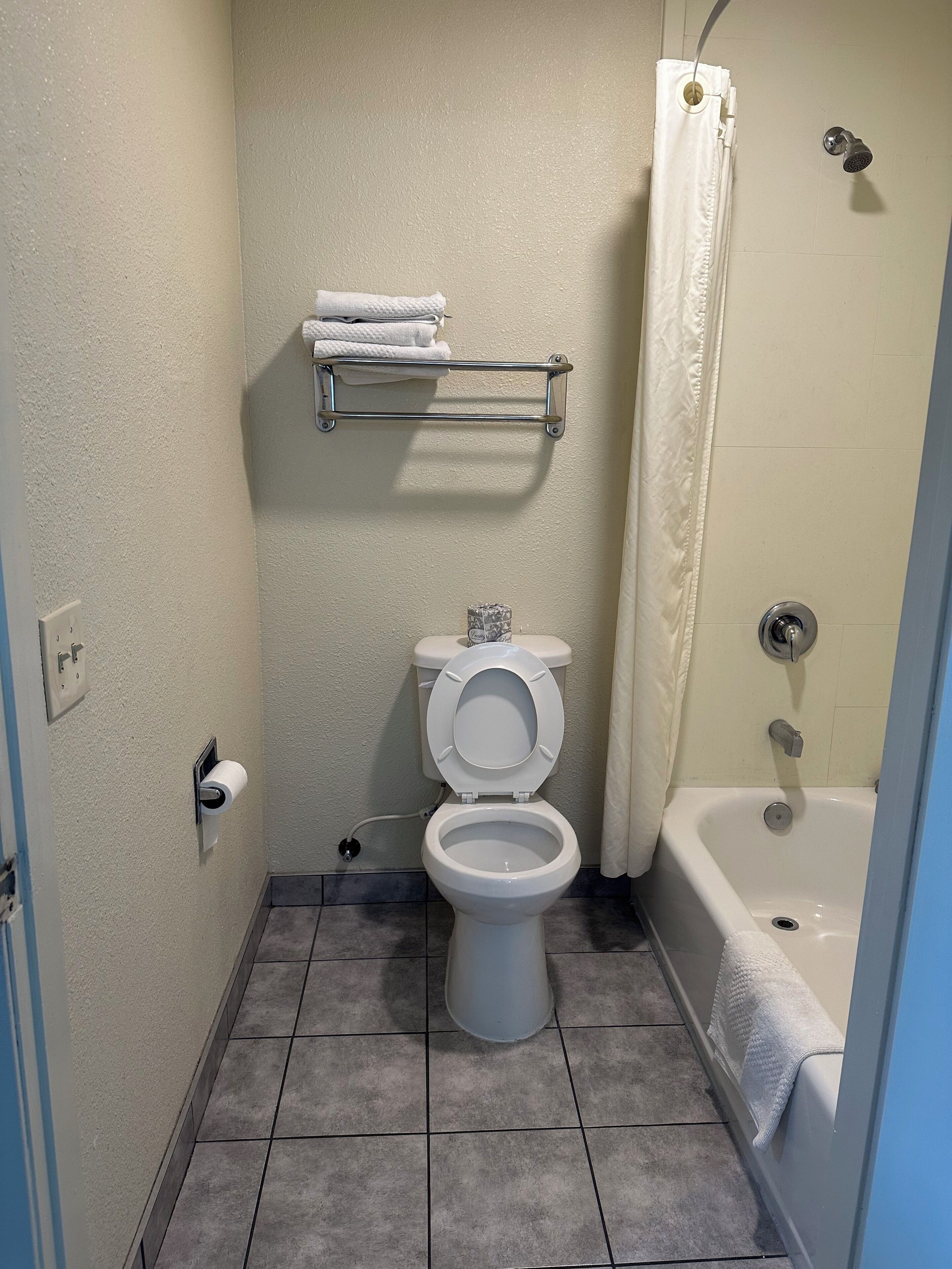 A small bathroom with a toilet, a towel rack, and a shower.